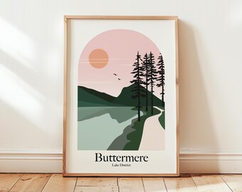 Buttermere Lake District Retro Inspired Travel Poster Print Hiking