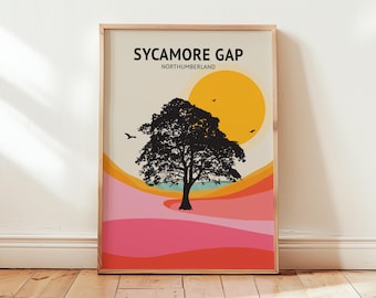 Sycamore Gap Northumberland Travel Poster Print, Pink Bright Funky Print,  North East Tyne & Wear England UK