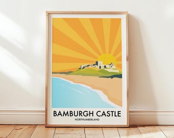Bamburgh Castle Retro Travel Poster Print,  North East Northumberland England UK, Funky colourful print