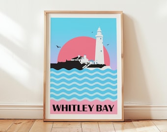 Whitley Bay Retro Style Travel Poster Print, St Mary's Light House Print, North East Newcastle Upon Tyne Wall Art, England UK Tourist Print