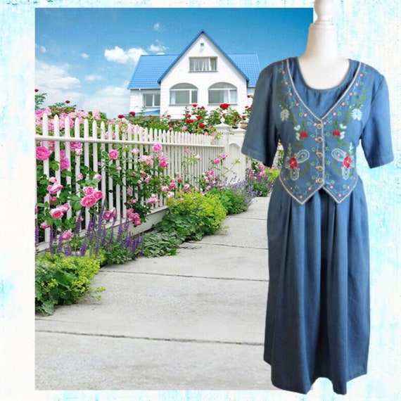 Denim Dress with Embroidered Vest