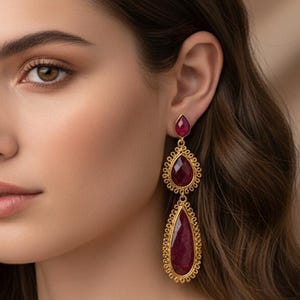 Ruby Dangle Earrings | Gold Plated Bridal Jewelry | Handmade Gemstone Earring Set | Wedding Earrings for Her | Red Ruby Gift