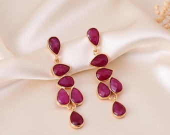 Natural Ruby Teardrop Earrings - 18k Gold Plated Bridal Jewelry | Ruby Dangle Earring | Ruby Wedding Earring | Bridesmaid Gift | Red Earring