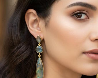 Labradorite Teardrop Dangle Earrings | Gold Plated Brass Made Long Boho Earrings | Blue Flashy Labradorite | Labradorite Jewelry Gift
