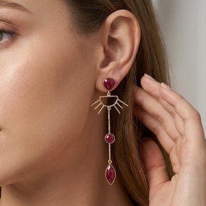 Ruby Party Earrings | Red Gemstone Statement Dangle Earrings | Gold Celestial Drop Earrings | Long Festive Jewelry | Handmade Gold Earrings