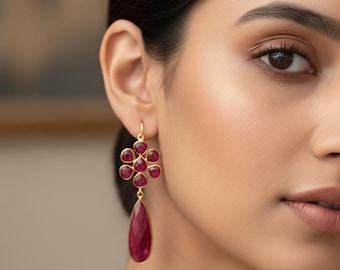 Natural Ruby Dangle Earring/Faceted Cut Stone/Bridal Earring/Handmade Jewelry/Ruby Wedding Earring/Gold Plated Jewelry/B'day Gift