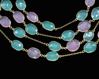 Aqua Pink Chalcedon Vergoldete Connector Kette Lünette Rosenkranz Kette