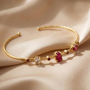 Ruby Cuff Bracelet - Open Gold-Tone Gemstone Bangle , Minimalist Red Stone Jewelry, July Birthstone Gift