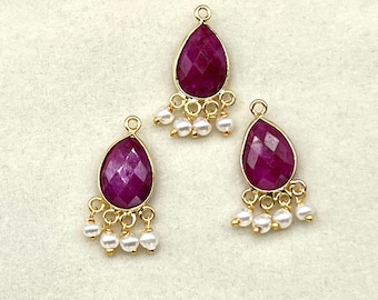 Larme rubis naturel avec perles nacrées | Boucles d'oreilles en forme de larme | Boucles d'oreilles pendantes | Composants de bijoux en rubis | Breloques en fil de fer