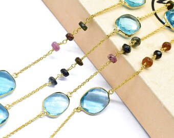 Elegant London Blue Topaz Bezel Connectors with Multi Tourmaline Faceted Beads | Handmade Gemstone Chain for Jewelry Making and Gifting