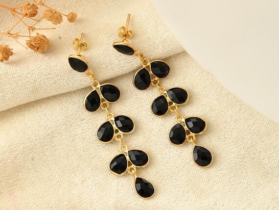 Black onyx Dangle Earrings | Gold Plated Statement Drops for  display picture 1