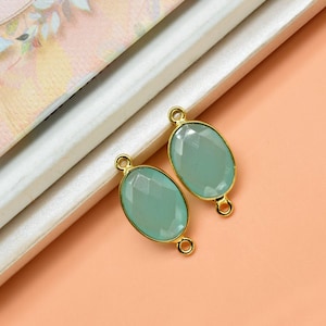 Aqua Chalcedony Oval Double Connector Charms 10x14mm Gold Vermeil Bezel for Jewelry Making Fashion Accessories Wholesale Supplies