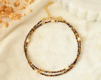 Tiny 2mm Tiger Eye Beaded Necklace | Handmade Gemstone Choker | Minimalist Short Necklace | Healing Crystal Gift for Her | Boho Layering