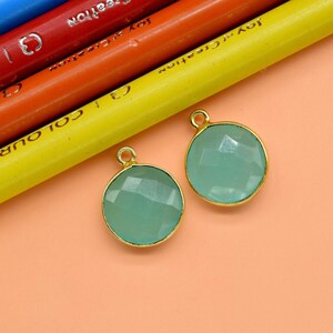 Aqua Chalcedony Gold Plated 12mm Round Charm with Bezel Connector for Pendant Making Perfect Gift for Girls