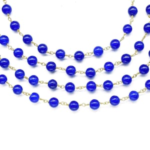 Blue Jade 6mm Smooth Bead Chain | Gold Plated Wire Wrapped Rosary | Elegant Blue Jade Jewelry Chain | Perfect Gift for Jewelry Makers