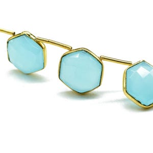 Aqua Chalcedony 10mm Faceted Hexagon Shape Connector Strand for Jewelry Making Gold Plated Brass Single Bail Charm Custom Gemstone Supplies