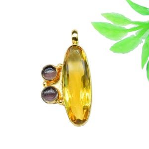 Mixed Gemstone Pendant|Gemstone Citrine Handmade Pendant|Gemstone faceted Long Pendant|Brass Pendant Jewelry|Statement Loop Pendant Jewelry