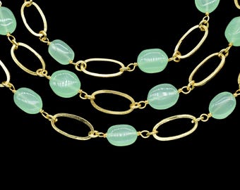 Beautiful Prehnite Connector Chain | Stunning 18k Gold Bezel Rosary | Chalcedony Wire Wrapped Links | Gemstone Chain by Foot | DIY Jewe