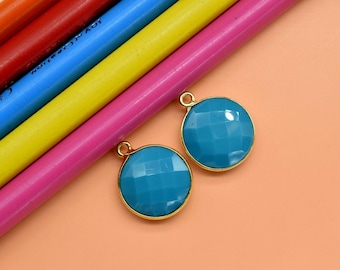 Natural Turquoise 12mm Round Single bail connectors,Turquoise Pendant,Faceted Turquoise bezel link,Gemstone Charm,Gemstone Pendant, charms