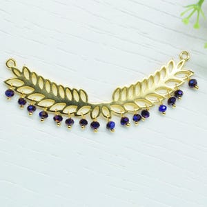 Blue Sapphire Double Bail Charm | Gemstone Leaf Pendant Connector | Beaded Bar Leaf Component | Handmade Sapphire Jewelry Supply