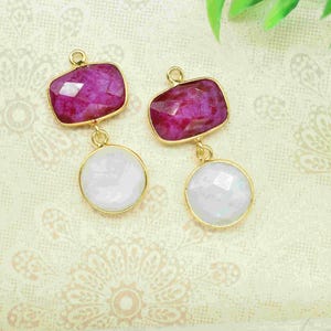 Pendants d'oreilles rubis multicolores vibrants | Pendentif connecteur de pierres précieuses| Lien de station fait main| Composant de fabrication de bijoux avec lunette arc-en-ciel image 3