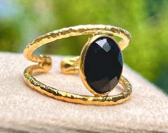Black Onyx Ring –  18K Gold Plated Brass | Birthstone Jewelry | Anniversary Gift for Her | Handmade Gemstone Jewelry | Black Onyx Oval Cut