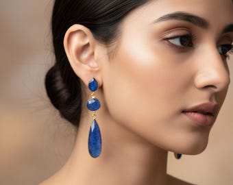 Blue Sapphire Dangle Earring | Teardrop Bridal Earring | Gold Plated Earring | Statement Earrings | Sapphire Jewelry | Gift for Her