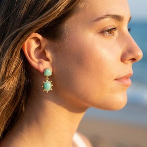 May include: A gold-toned drop earring featuring a small triangular turquoise-colored stone at the top and a larger oval turquoise-colored stone at the bottom, surrounded by a sunburst-style metal frame with small radiating spikes.