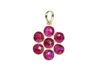 Natural Ruby 8 mm Round Bezel Link Pendant | Ruby Birthstone Necklace Connector | Gold Plated Red Gemstone Charm | Jewelry Making