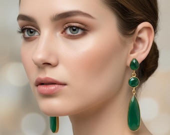 Natural Green Onyx Teardrop Dangle Earrings - 18k Gold Plating  Boho Bridal Jewelry Gift for Her | Unique Natural Gemstone Earrings |
