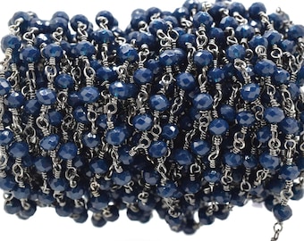 Impresionante cadena de cuentas de ágata azul de 3 mm / Elegante cadena de rosario de ágata azul / Envoltura de alambre de rodio negro / Cadena de latón para joyería / Cadena de rosario