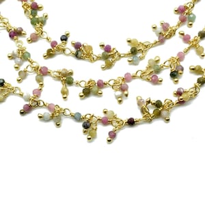 Natural Multi Tourmaline Chain | 2mm Faceted Gold Plated Rosary | Wire Wrapped Dangling Beaded Chain | Jewelry Making Supplies