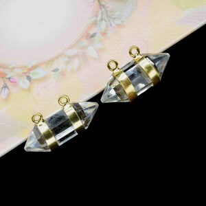 Crystal Quartz Pencil Pendant 8x22mm | Gold Double Bail Charm | Clear Quartz Gemstone Connector | Jewelry Gift Supply