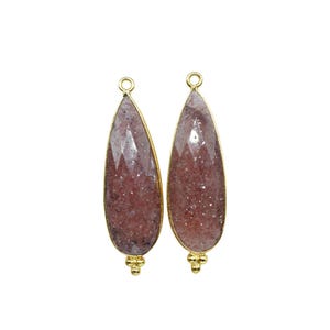 Sweet Strawberry Quartz 10x30mm Pear Pendant | Gold Plated Bail Charm | Pink Strawberry Quartz Connector | Jewelry Making Supply