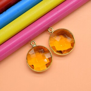 Natural Citrine 14mm Round Charm Pendant with Brass Gold Plated Bezel and Single Bail Citrine Connectors for Jewelry Making