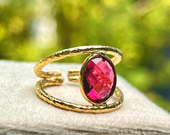 Elegant Pink Tourmaline Ring | 18K Gold Plated Brass Ring | Oval Cut Tourmaline Ring |  Romantic Gift for Her | Handmade Gemstone Jewelry |