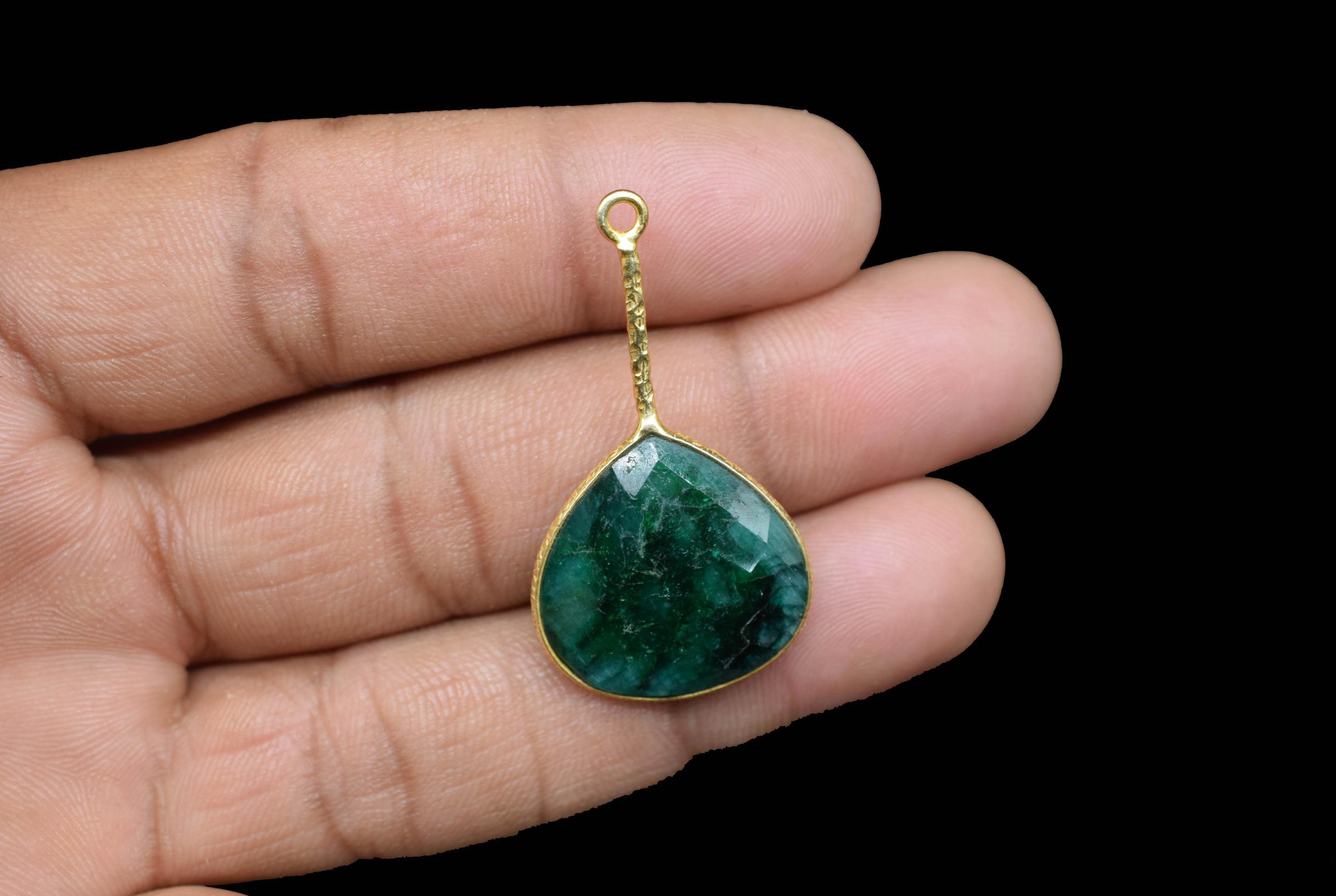 Lustrous Emerald Heart Pendant | Emerald Heart Shape Charm | Single Bail Gemstone Connector | May Birthstone Jewelry Making Bezel