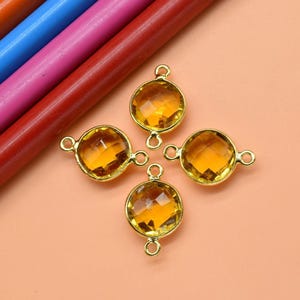 Radiant Citrine 10mm Round Double Bail Connectors | Gold Plated Citrine Pendant | Round Gemstone Bezel Charm | Jewelry Making Supply