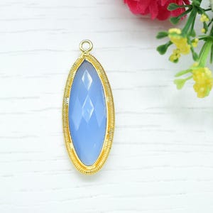 Blue Chalcedony 10x30mm Marquise Pendant Charm | Gold Plated Chalcedony Connector | Gemstone Bezel Jewelry | Wholesale Component