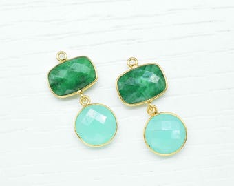 Colorful Emerald Aqua Station Link | Multi Gemstone Dangle Earring Component | Handmade Jewelry Connector | Gift Supply