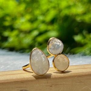Puede incluir: Anillo dorado con tres piedras preciosas blancas lechosas de formas irregulares. El anillo tiene un diseño minimalista, con las piedras engastadas de forma sencilla y elegante. El fondo es una vista borrosa de follaje verde.