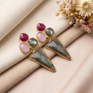 Labradorite Triangle Earrings | Rose Quartz Ruby Earrings | Geometric Statement Earrings | Bridesmaid Earrings | Drop Earring | Long Earring
