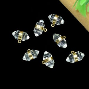 Crystal Quartz Pencil Pendant | 7x15mm Double Point Charm | Clear Quartz Gold Plated Connector | Gemstone Jewelry Making Component