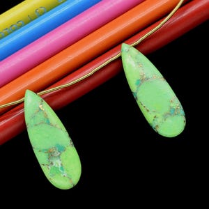 Green Copper Turquoise Pear Shape Briolettes | 10x30mm Teardrop Turquoise Beads | Oyster Green Copper Turquoise Briolette | Jewelry Supplies