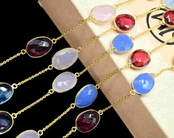Gold Plated Multi Stone Bezel Connector Chain - Oval Gemstone Link Jewelry