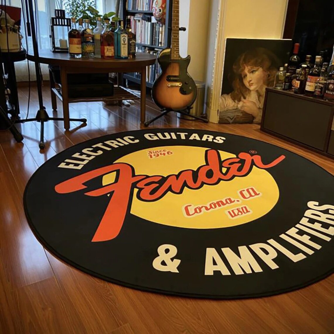 Fender Guitar Round Carpet Rock Floor Mats Velvet Printed Area Etsy