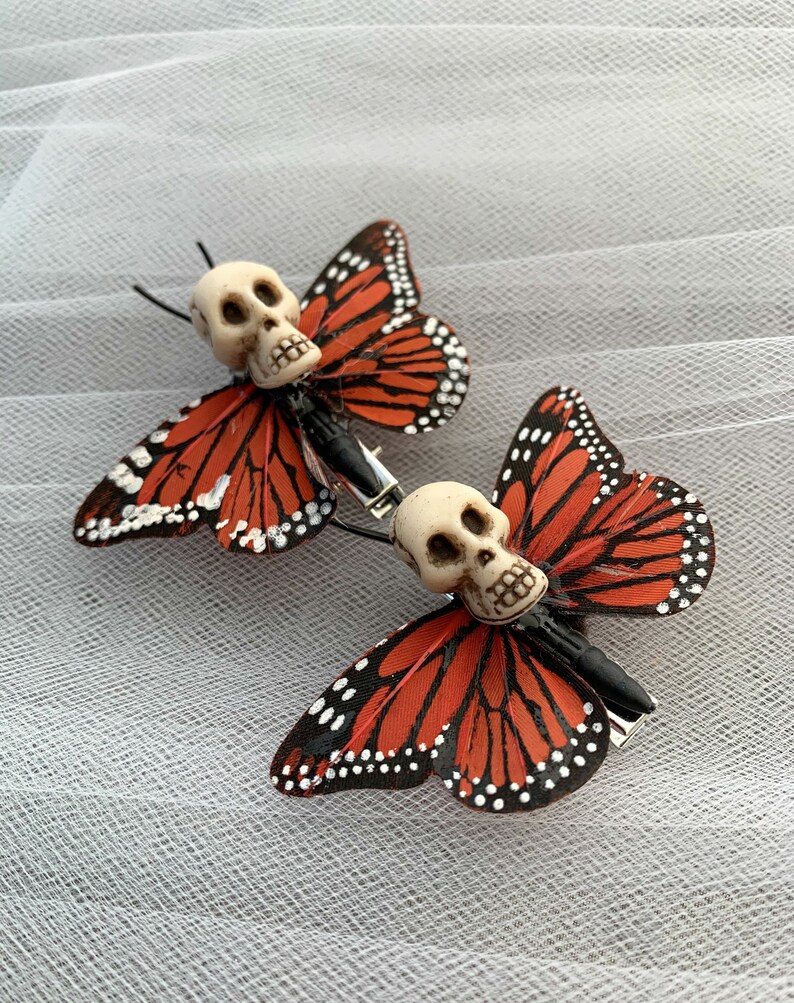 Gothic Hair Accessories Skull Butterfly Hair clips Butterfly Clips Day of the Dead 1 PAIR of Orange Skull Barrettes