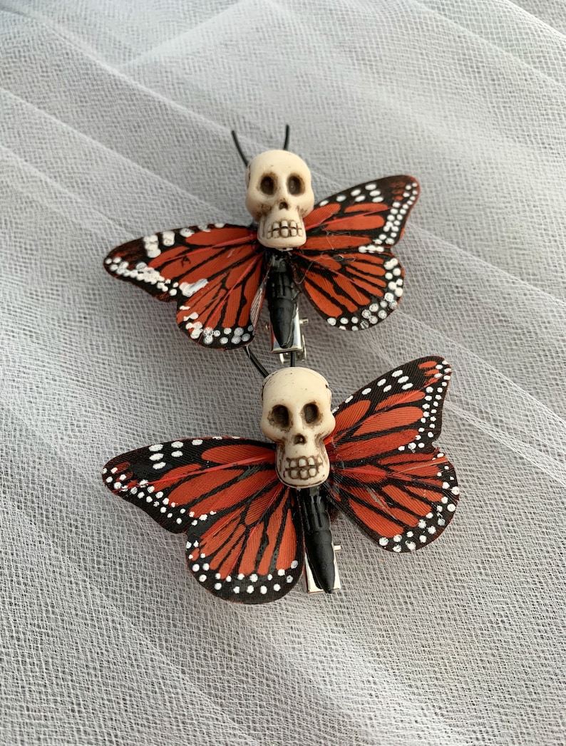 Gothic Hair Accessories Skull Butterfly Hair clips Butterfly Clips Day of the Dead 1 PAIR of Orange Skull Barrettes