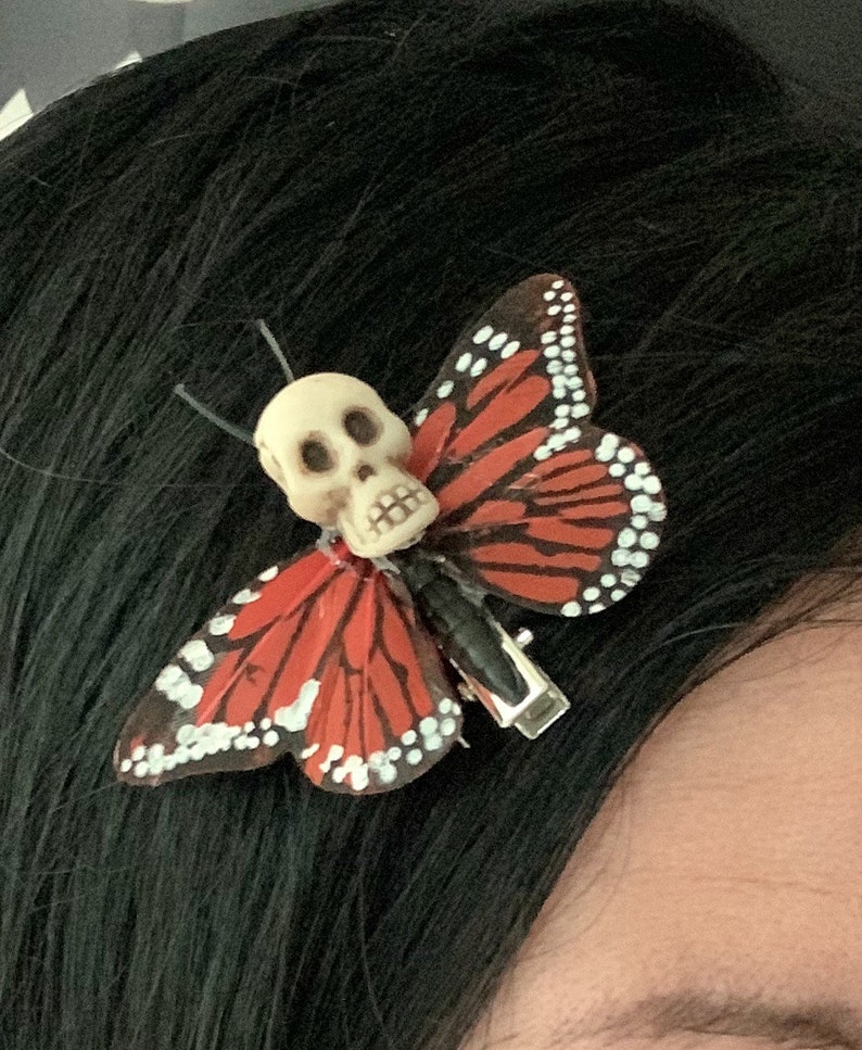 Gothic Hair Accessories Skull Butterfly Hair clips Butterfly Clips Day of the Dead 1 PAIR of Orange Skull Barrettes
