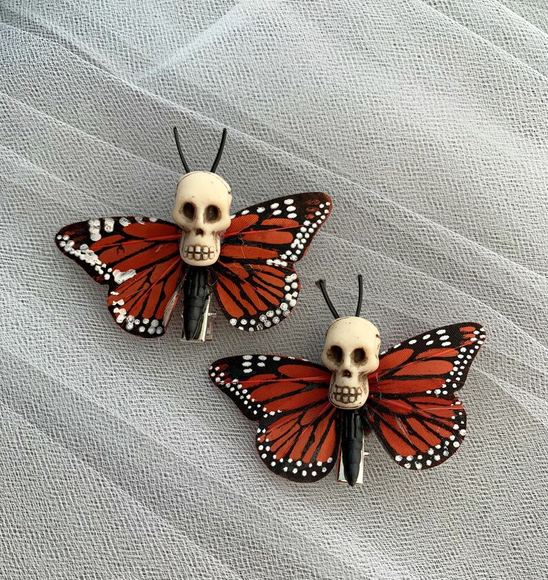 Gothic Hair Accessories Skull Butterfly Hair clips Butterfly Clips Day of the Dead 1 PAIR of Orange Skull Barrettes